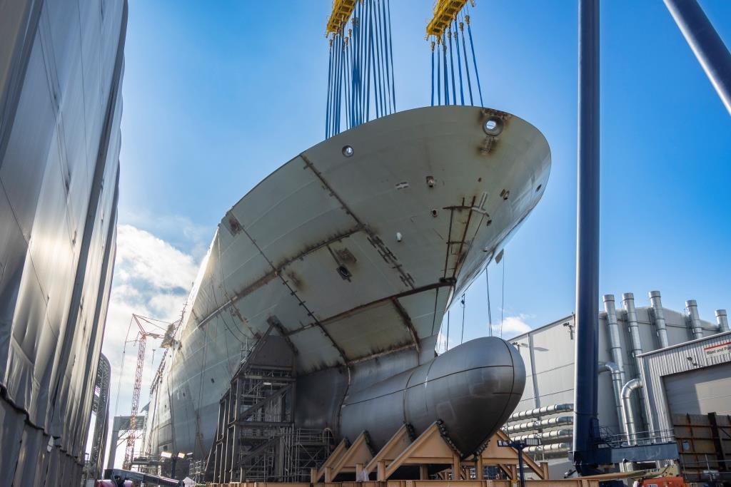 The bulbous bow of the future HMCS Protecteur, the Joint Support Ship currently under construction